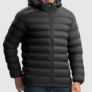 Customizable Unisex Denim Vintage Hooded Puffer <b>Jacket</b> Lightweight Water Resistant Insulated Winter Puffy Coat Detachable Hood - Product Image 3