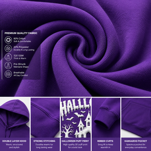 Sweat-shirt à capuche graphique personnalisé pour homme, violet, avec impression 3D de maison hantée, citrouille, chauve-souris et lune - Product Image 5