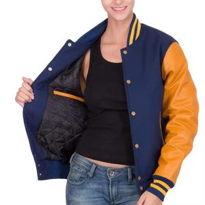 Wholesale Custom Women's Varsity Jacket Letterman Style Leather Sleeves Embroidered Logo Winter Crop Varsity Jackets - Product Image 3