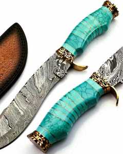 Cuchillo de Caza de Hoja Fija 2026 LEGACY BLADES de Acero de Damasco Premium, Hoja Serrada con Punta Caída, Mango Turquesa con Detalles Dorados, OEM ODM - Product Image 1