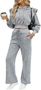 Women 2 Piece Gray Hooded Wool Sweatshirt <b>Set</b> Short Long Sleeve Solid Color Casual Loungewear Tracksuit Full Pants Breathable - Product Image 5