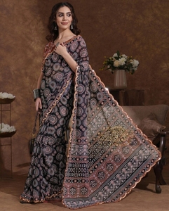 Sari de Georgette sin Arrugas con Estampado y Adornos para Mujer, Estilo Bollywood, con Blusa sin Coser (Negro) Otoño - Product Image 6