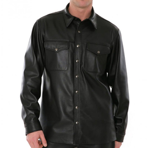 Chemise en cuir véritable noir pour homme, manches longues, boutonnée sur le devant, style motard décontracté, coupe ajustée, surchemise en cuir de qualité supérieure - Product Image 3