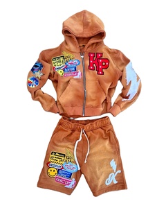 Sweat à capuche brodé vieilli personnalisé délavé à l'acide Vintage sweats à capuche zippés ensemble de shorts et survêtements en coton pour hommes - Product Image 1