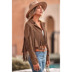 Chaqueta de cuero genuino de cabra con flecos estilo bohemio para mujer, abrigo retro vaquero de moda. - Product Image 3