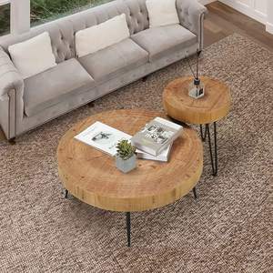 Round Farmhouse Coffee <b>Table</b> with Rustic Wooden <b>Top</b> Sturdy Metal Legs Modern Circle End <b>Table</b> for Living Room - Product Image 4
