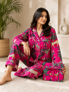 Elegante Conjunto de Pijama de 3 Piezas con Estampado de Jungla para Mujer, Ropa de Dormir de Algodón Rosa, Estampado de Leopardo y Cebra, Ropa de Casa de Lujo con Botones, Traje de Noche - Product Image 1