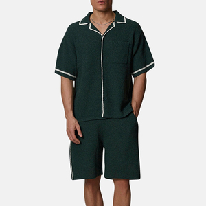 Conjunto de Pijama Oxford de Algodón Verde Oscuro para Hombre, Manga Corta, Botones al Frente, Pantalones Cortos, Transpirable, Color Sólido, Tejido de Tela - Product Image 1