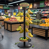 Maßgefertigtes Bananen-Displayregal - Freistehender Metall-Bananenständer mit Logo für Supermärkte, Bio-Lebensmittelmarkt
