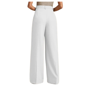 Pantalones de mujer de cintura alta, pierna ancha, largos, blancos, casuales, plisados, de ajuste holgado, de tela crepé, antiarrugas, con cierre de botones - Product Image 3