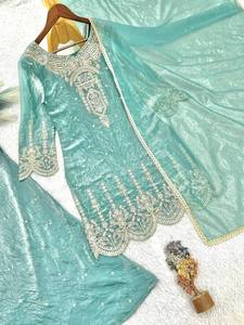 <b>Light</b> <b>Blue</b> Pakistani Dress Embroidered Salwar Kameez Set Long Sleeve <b>Lehenga</b> Outfit for Wedding Festival Wear - Product Image 2