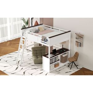 Letto a soppalco matrimoniale con scrivania bianca, ripiano aperto, contenitore portaoggetti e stazione di ricarica USB - Product Image 5