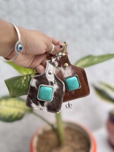 Custom Designer Hair on Hide Cowhide Leather <b>Keyrings</b> Genuine Leather Turquoise Stone Western Stylish Key Chain Hot Sale <b>Mini</b> Ba - Product Image 4