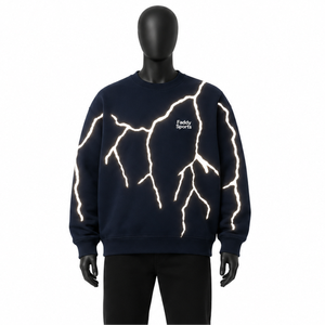 Sudadera de Cuello Redondo de Algodón Grueso para Hombre con Logotipo Personalizado, Sudadera Urbana con Estampado Gráfico de Rayos, Sudadera Unisex con Forro Polar Reflectante - Product Image 1