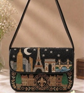 Sac bandoulière brodé de perles motif skyline urbain, pochette de soirée scène Londres, sacs bandoulière vintage tendance pour femme - Product Image 4