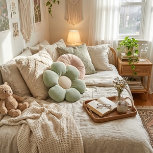 Coussin décoratif en velours côtelé fait main en forme de marguerite, coussin moelleux esthétique pour sol et lit, vert, textiles de maison, vente en gros - Product Image 6