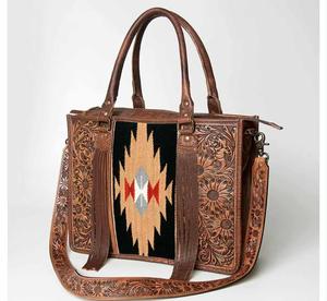 Handmade Genuine Leather Laptop Tote <b>Bag</b> with Black & <b>White</b> Aztec Wool Panel and Fringe - Product Image 3