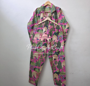 Ensemble de pyjama d'été en coton rose de qualité supérieure pour femmes, chemise à manches longues faite à la main, pantalon de détente décontracté, imprimé ethnique, séchage rapide - Product Image 1
