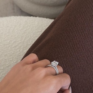 Classic Asscher Cut <b>Diamond</b> Engagement <b>Ring</b> Women's 925 Silver Rhodium Plated Prong Setting Pave Band - Product Image 6