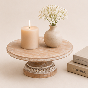 Rustic Farmhouse Whitewashed Wooden <b>Cake</b> <b>Stand</b> Round Pedestal Tray With Vintage Beaded Edge For Wedding Party And Decoration - Product Image 2