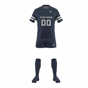 Navy Blue Silver Custom Lacrosse Uniform Set Jersey Shorts <b>Socks</b> Triple Sleeve Stripe Logo OEM Bulk - Product Image 1