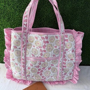 Bolsa de Mano de Algodón con Estampado Floral Hecho a Mano, Estilo Bohemio, Bolsa de Compras con Parte Superior Abierta y Ribete a Rayas Rosas, Bolsos Florales - Product Image 3