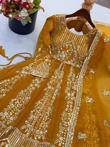 Heavy Micro Cotton Crunchy Silk Heavy Embroidery Sequence Work With Sleeves Party Wear <b>Top</b> <b>Lehenga</b> and Dupatta Set - Product Image 6