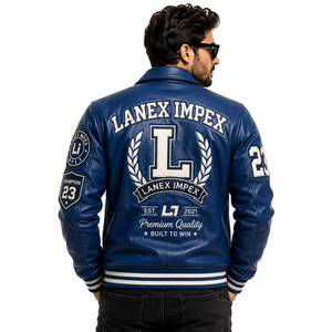 Custom Blue <b>Leather</b> Varsity <b>Jacket</b> for <b>Men</b> Letterman Bomber <b>Jacket</b> with Embroidered Chenille Patches OEM ODM Wholesale Supplier - Product Image 4