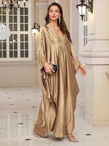 Robe Abaya élégante à col en V, longueur au sol, avec détails perlés, manches longues, coupe ample, ourlet asymétrique, couleur unie, tenue de soirée pour femmes - Product Image 5