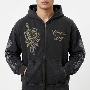 Unisex Black Acid Wash Zip Hoodie Rose Dagger Print Distressed <b>Gothic</b> Streetwear French Terry Fleece <b>Jacket</b> Custom Logo - Product Image 1