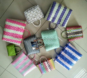 Handwoven <b>Plastic</b> <b>Basket</b> Bag <b>With</b> Leather <b>Handle</b> - Handmade Yellow <b>Plastic</b> Woven Handbag for Women Fashion Accessory - Product Image 6