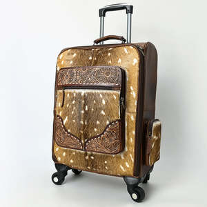 Real Fur <b>Soft</b> Shell Suitcase With Tooled Leather Floral Design 360 Degree Spinner <b>Wheels</b> Unisex Travel <b>Luggage</b> - Product Image 1
