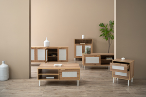 Armoire de rangement moderne en chêne Wotan avec pieds en métal blanc et portes en maille, armoire multifonction fabriquée en Malaisie - Product Image 5