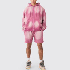 Ensemble de jogging décontracté pour homme en molleton 100 % coton respirant, brodé, délavé à l'acide, avec short et haut à manches longues zippé effet usé - Product Image 2