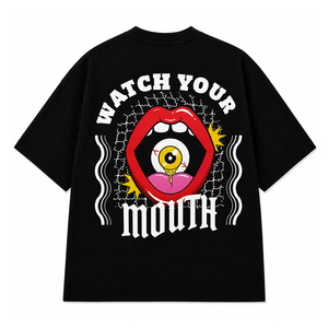 Camiseta Oversize de Algodón Negro con Estampado 'Watch Your Mouth' para Hombre, Estilo Urbano, Manga Corta, Cuello Redondo - Product Image 1