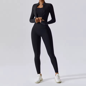 3 Piece Solid Yoga Set Women Crisscross Straps Scoop Neck High Waist Nylon Spandex Gym <b>Workout</b> Outfit Sports Bra Leggings <b>Jacket</b> - Product Image 4
