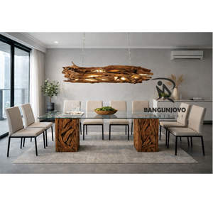 โต๊ะรับประทานอาหารไม้สักทันสมัยพร้อมท็อปกระจกและโคมไฟแขวนสำหรับห้องรับประทานอาหารในโรงแรม - Product Image 1