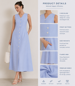 Robe midi sans manches à col en V pour femmes |   Robes d'été décontractées en lin et coton bleu clair, à boutons sur le devant et ourlet évasé - Product Image 2