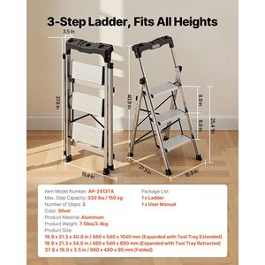 <b>Portable</b> Aluminum 3-Step Ladder with Anti-Slip Pedal and Comfort Handgrip Folding Step <b>Stool</b> 330 Lbs Capacity - Product Image 2