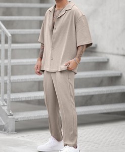 Ensemble de costume décontracté rose pour homme, chemise à manches courtes à col rabattu et pantalon, tenue d'été - Product Image 4