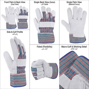 Gants de travail en cuir de vachette de première qualité avec dos en coton rayé et manchette de sécurité pour la construction et les travaux lourds - Product Image 6