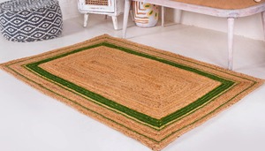 Tapis artisanal en jute bio, rectangulaire, vert rayé, style farmhouse, à poils plats, écologique, pour salon - Product Image 3