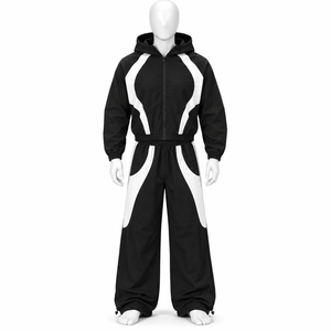 Unisex Black <b>White</b> Color Blocking Hooded <b>Tracksuit</b> Full Length Zipper Fly Loose Fit Sporty Style Adult Autumn Wear - Product Image 1