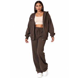 Ensemble survêtement décontracté en molleton pour femme avec sweat à capuche zippé et pantalon droit, coupe ample, pour la fabrication de vêtements en gros, grammage lourd - Product Image 1
