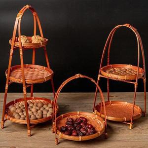 Cesta de bambú marrón de 2 niveles, bandeja de servicio tejida, plegable, fácil almacenamiento, cesta de frutas de bambú, estante, cesta de almacenamiento para el hogar - Product Image 3