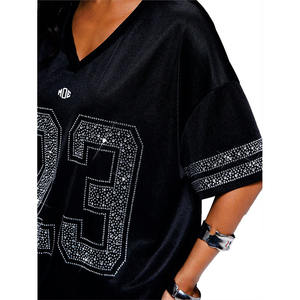 Maillot de football américain de luxe surdimensionné pour femme avec strass, col en V, en maille, streetwear, haut de sport, numéro personnalisé, mode, vente en gros OEM - Product Image 6
