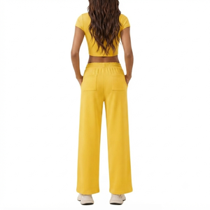 Custom Women Yellow Two Piece Spandex/Nylon Quick Dry Tracksuit Short Sleeve <b>Crop</b> <b>Top</b> High Waisted Wide Leg Pants Casual Sports - Product Image 2