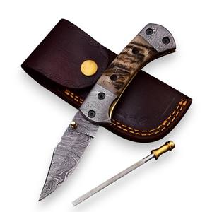 Cuchillo Plegable de Acero Damasco Nordic Forge con Hoja de Punta Clip y Funda Vertical de Cuerno de Carnero para Transporte en Bolsillo, EDC, Caza, OEM/ODM - Product Image 1