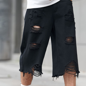 Pantalones Cortos Bermuda de Mezclilla Tejida de Lavado Claro 220g para Hombre, con Estampado por Transferencia Térmica, Diseño Rasgado con Letras, Cintura Media, Cierre de Botones, Estilo Urbano - Product Image 2