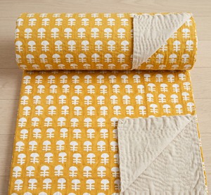 Boho Cotton Yellow Floral Kantha Quilt Handmade Block Print Reversible Bed Cover Floral <b>Bedding</b> - Product Image 5
